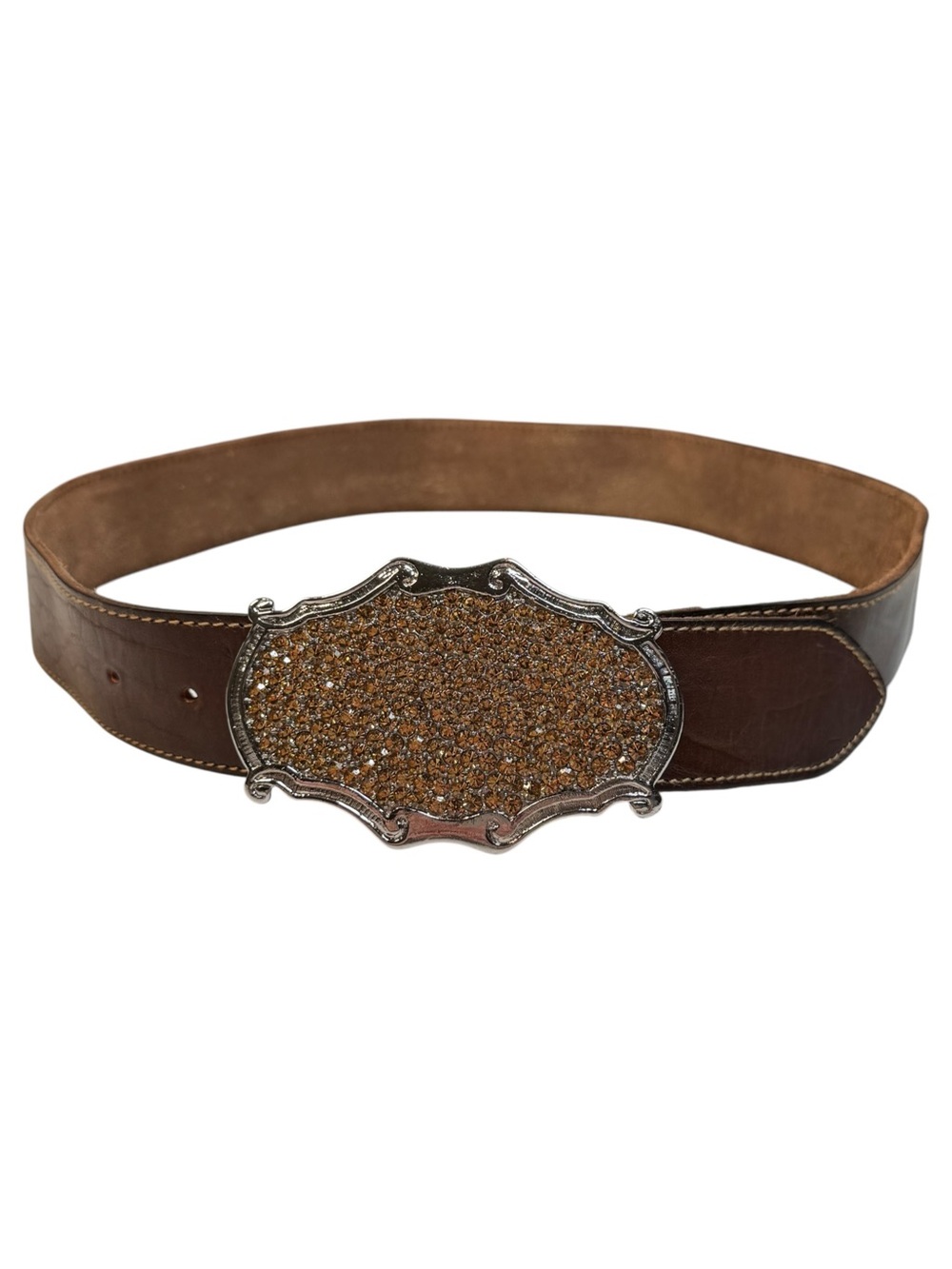 Y2K Old Navy Western Wide Belt Leather Silver Cartouche Rhinestone Buckle 32 / M